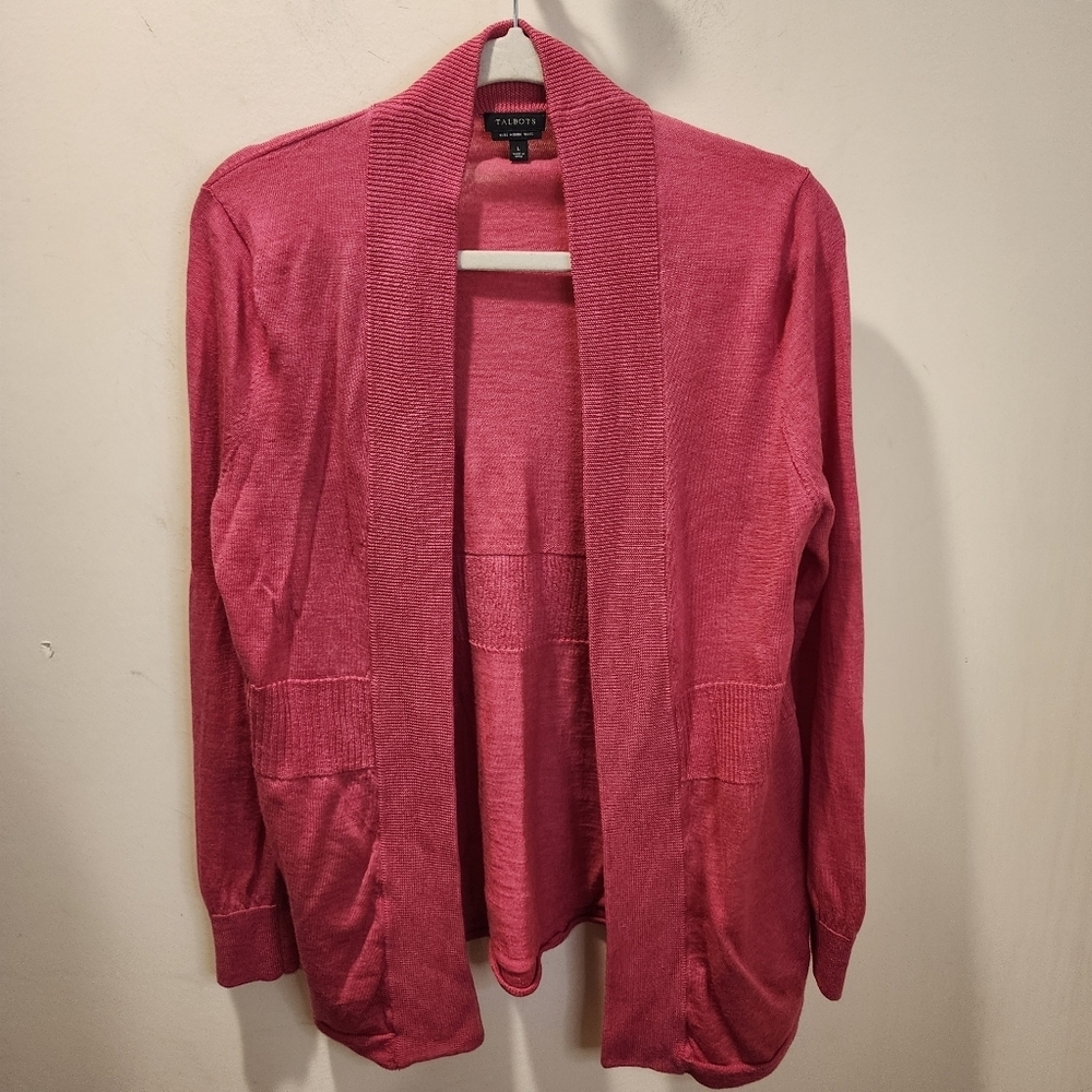 TALBOTS Pink Pure Merino Wool Open Front  Cardigan Sweater Size L